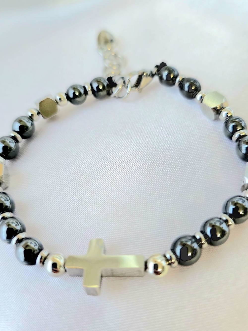 Black Stone Beaded Bracelet W/ Silver-Plated‎ Cross Charm